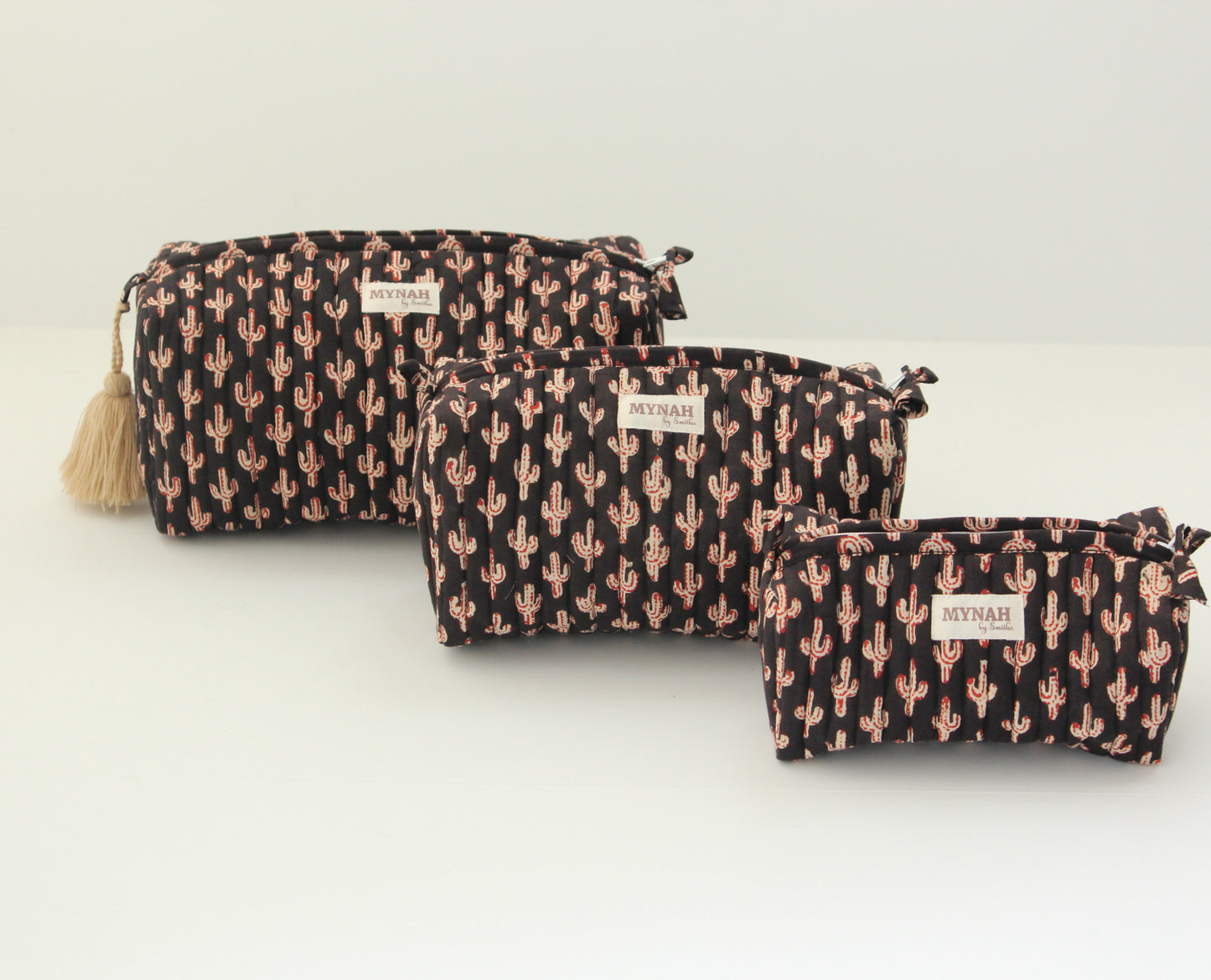 'BLACK CACTUS' printed travel/makeup zipper pouch-set of 3