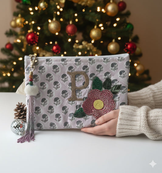Monogram pouch-Hand beaded-Letter P