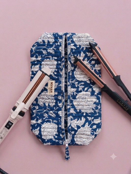 'PORCELAIN' hand block print quilted hair tool bag/Dyson organizer