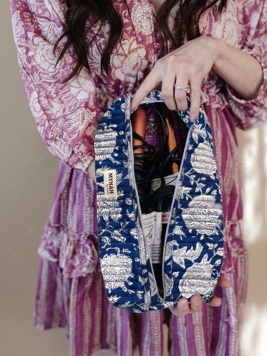 'PORCELAIN' hand block print quilted hair tool bag/Dyson organizer