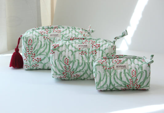 'MORRIS BERRIES' printed travel/makeup zipper pouch-set of 3