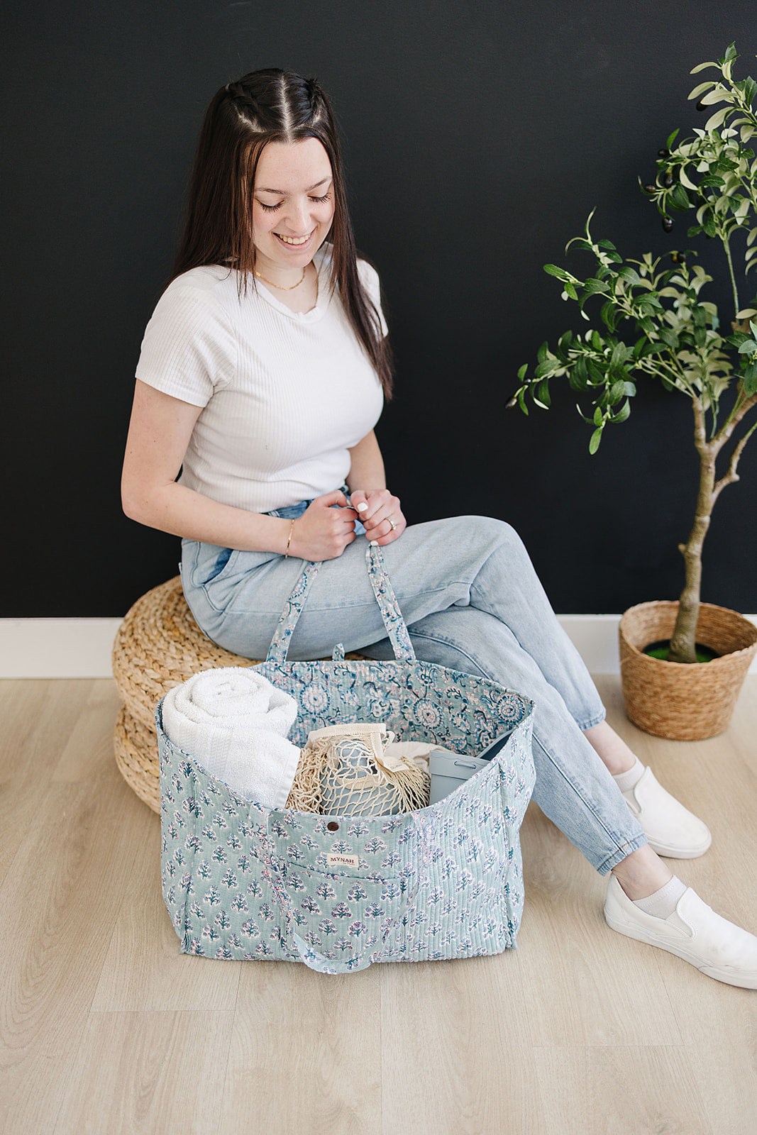 Dusty blue floral print reversible tote bag-Large