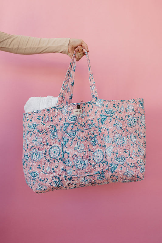 Dusty pink floral print reversible tote bag-Large