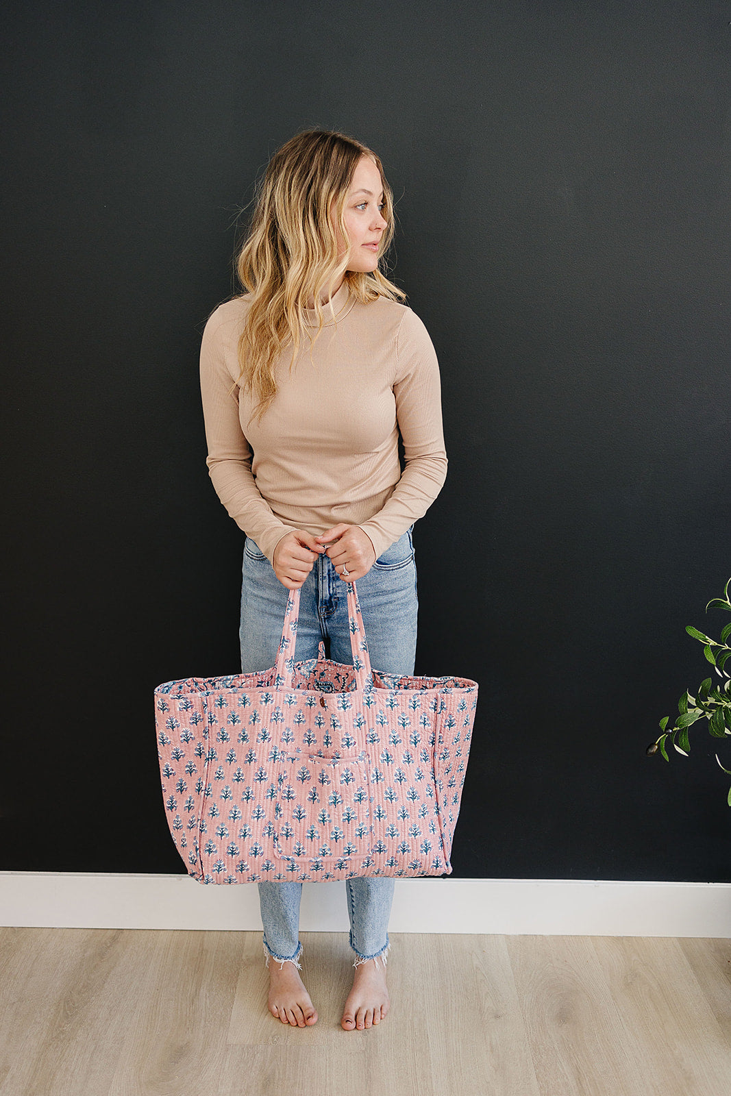 Dusty pink floral print reversible tote bag-Large