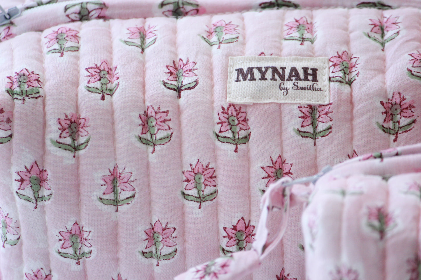 ROSY MIST ' hand block printed, quilted travel/makeup zipper pouch-LARGE only
