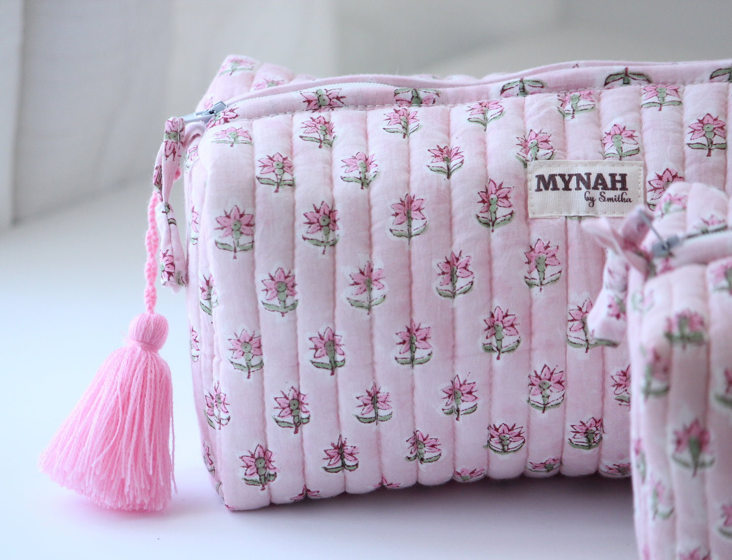 ROSY MIST ' hand block printed, quilted travel/makeup zipper pouch-LARGE only