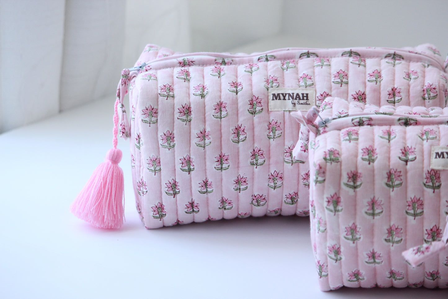 ROSY MIST ' hand block printed, quilted travel/makeup zipper pouch-LARGE only