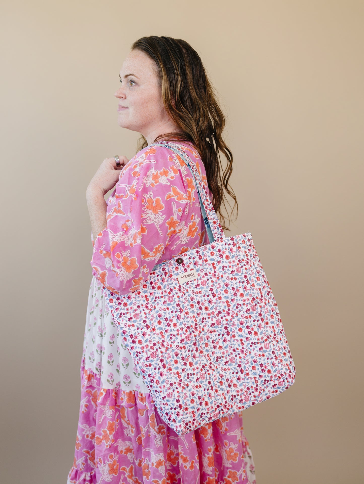 Crimson garden floral print tote bag-Small