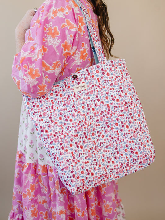 Crimson garden floral print tote bag-Small