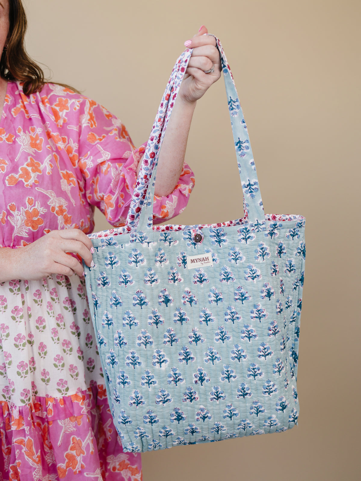 Crimson garden floral print tote bag-Small
