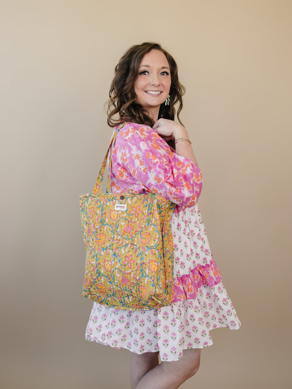 Henna motif floral print tote bag-Small compact laptop size
