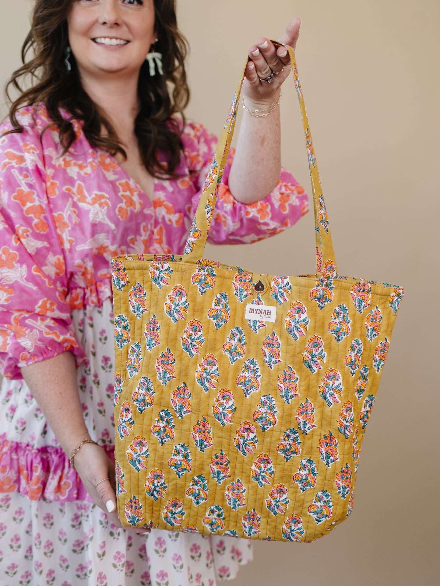 Henna motif floral print tote bag-Small compact laptop size