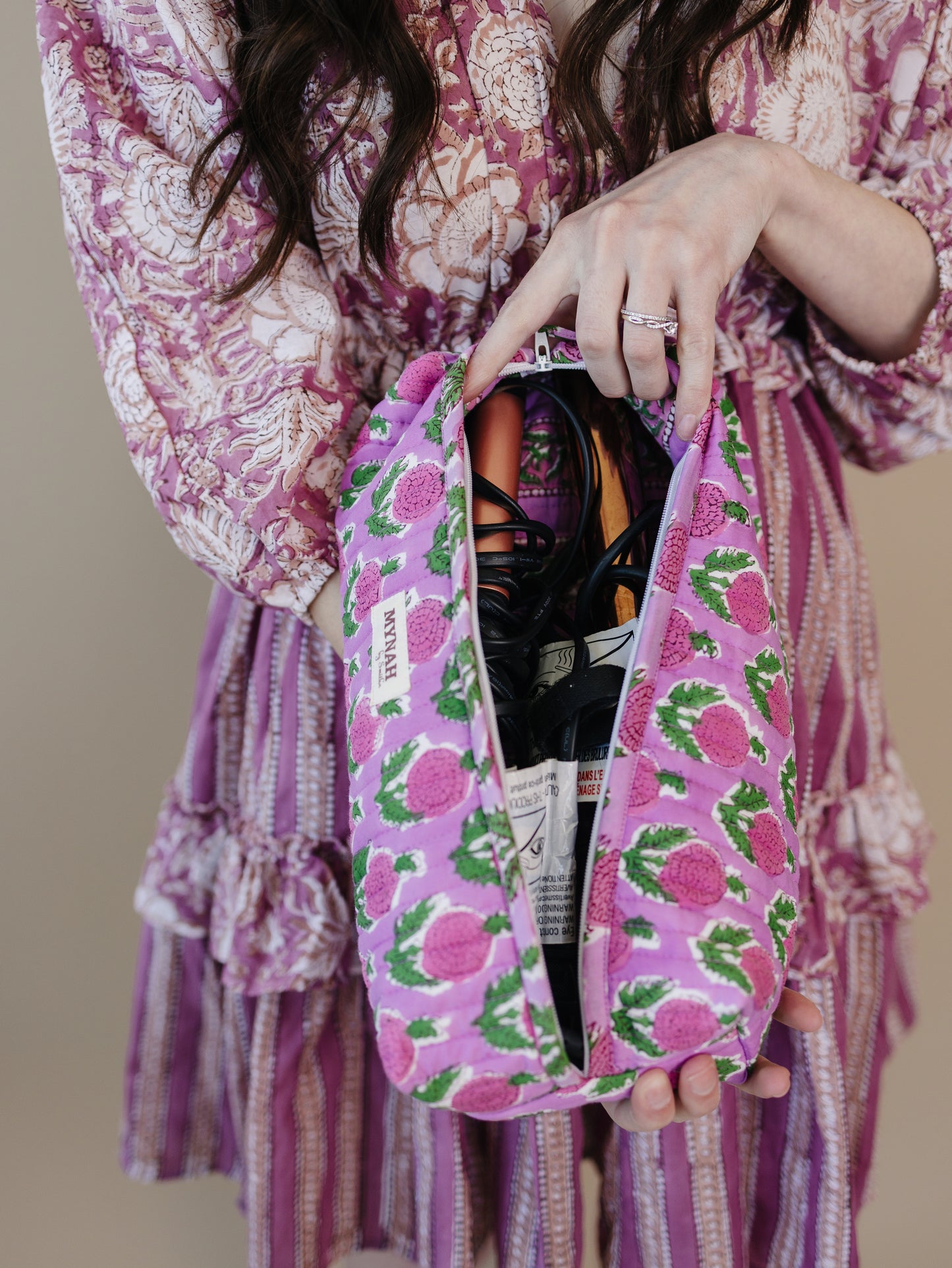 'BERRY SMOOTHIE' hand block print quilted hair tool bag/Dyson organizer