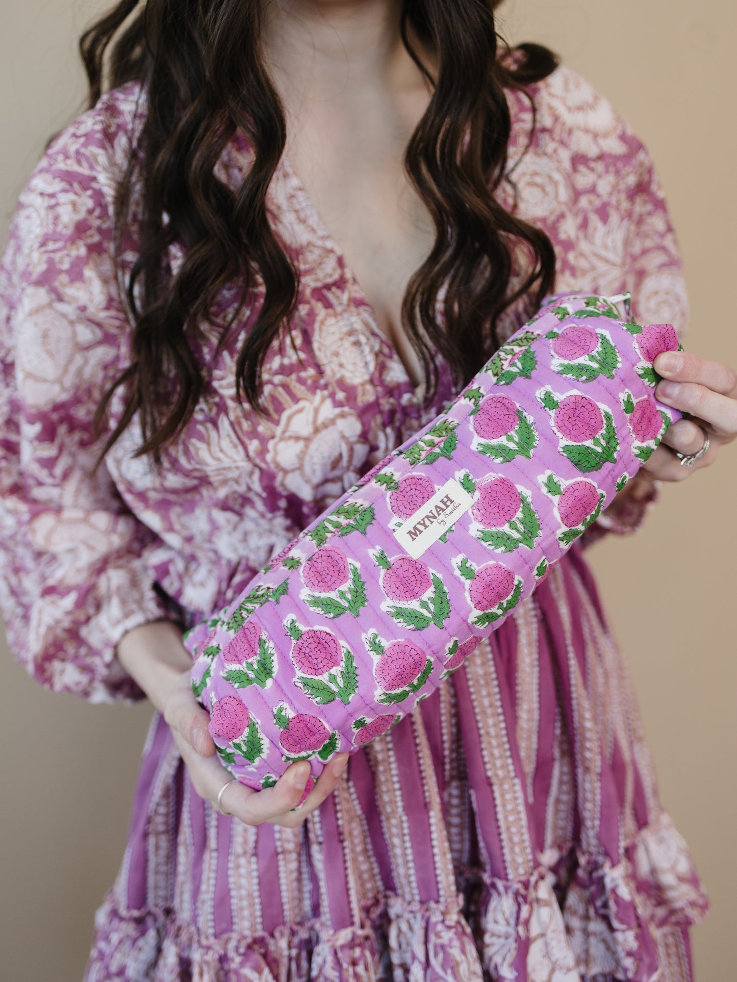 'BERRY SMOOTHIE' hand block print quilted hair tool bag/Dyson organizer