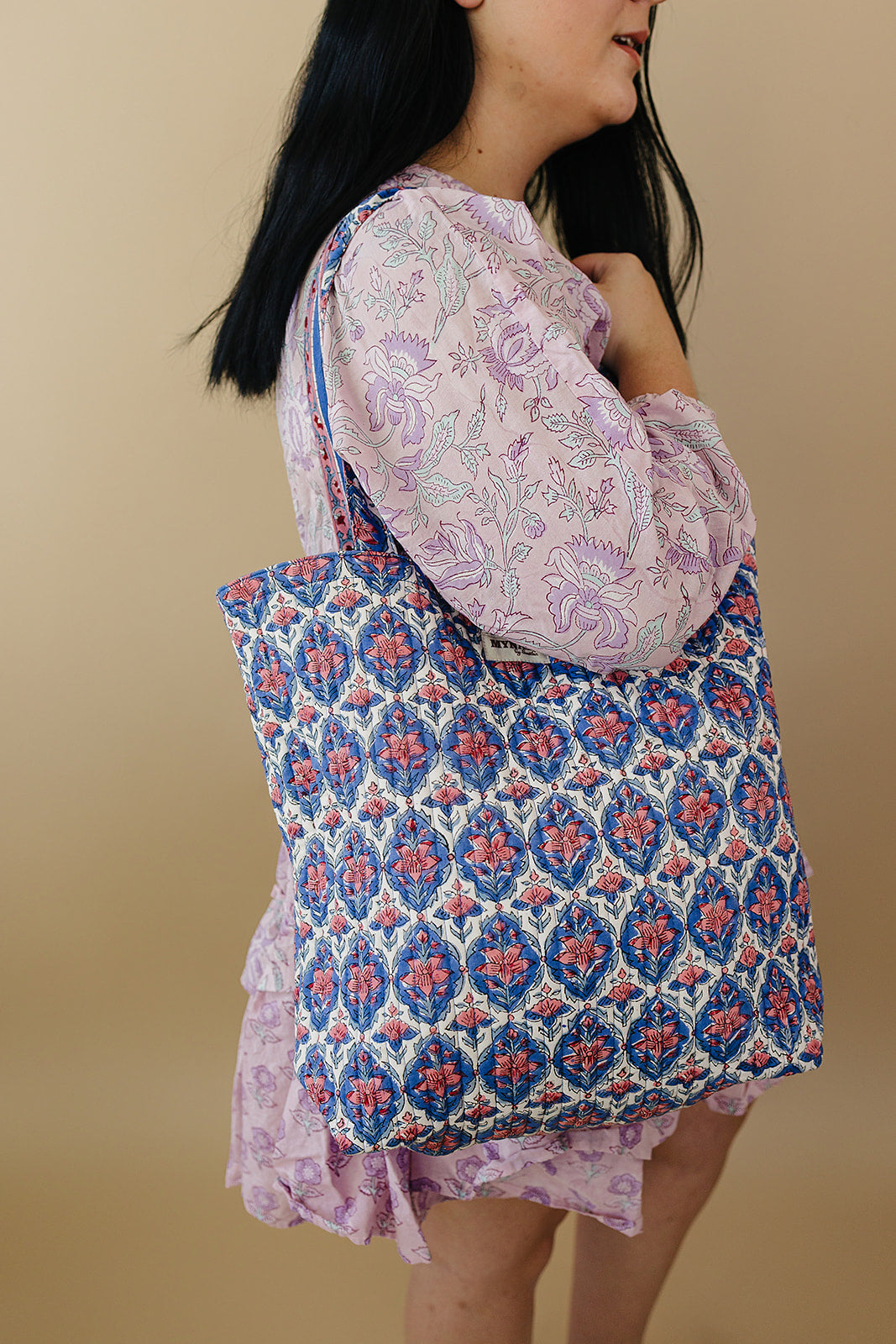 Nautical Nantucket floral print tote bag-Mini laptop size