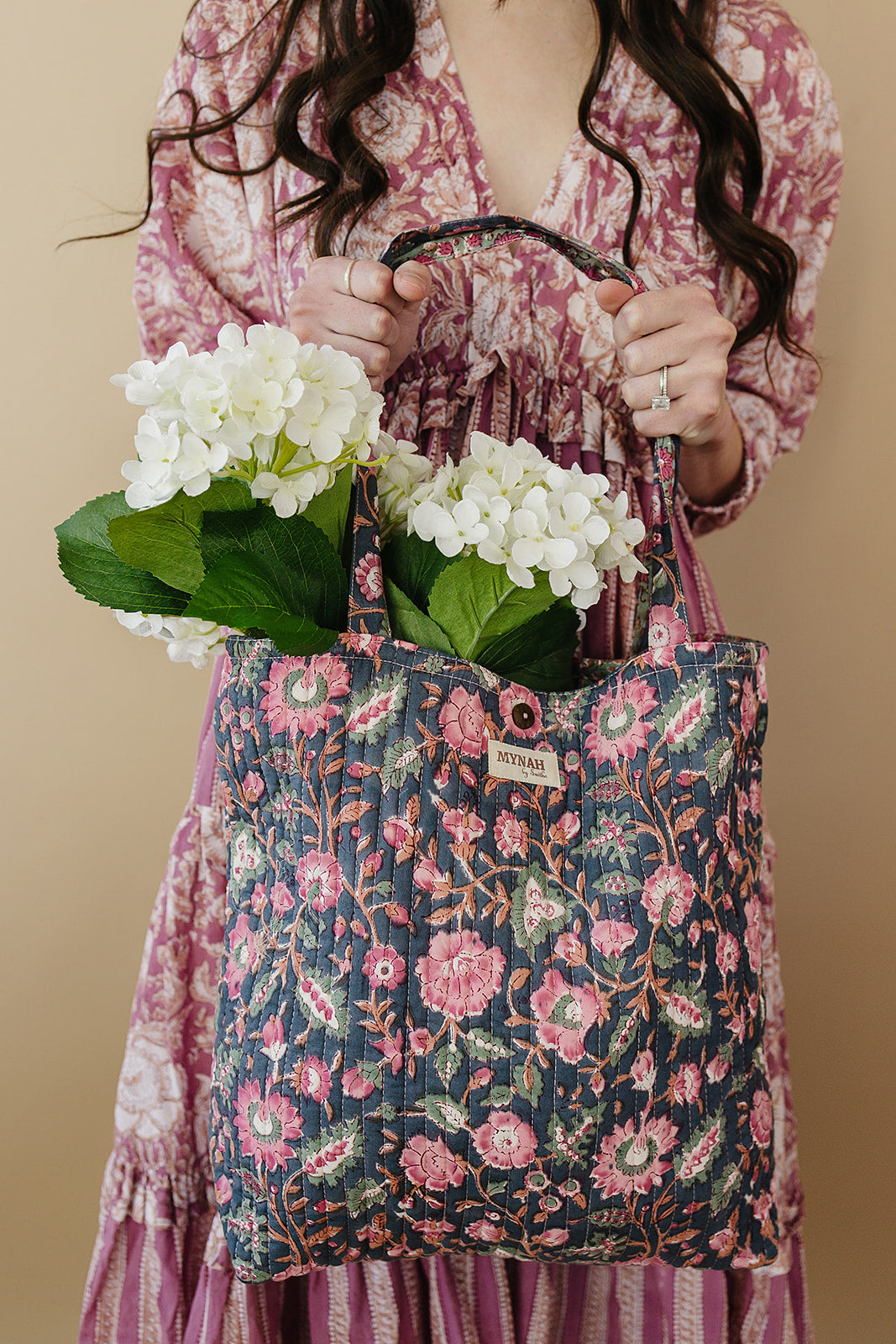 Indian rose garden print tote bag-Small laptop size