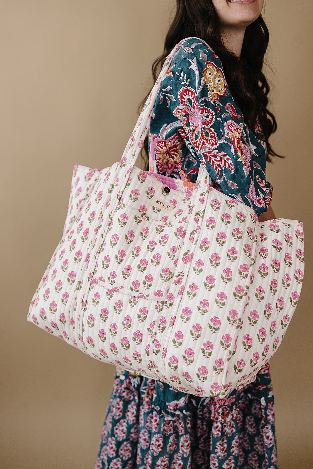 'FLAMINGO GLOW' floral print reversible tote bag-Large beach tote