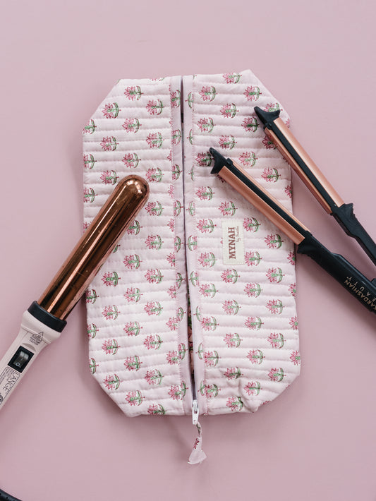 'ROSY MIST' hand block print quilted hair tool bag/Dyson organizer (Copy)