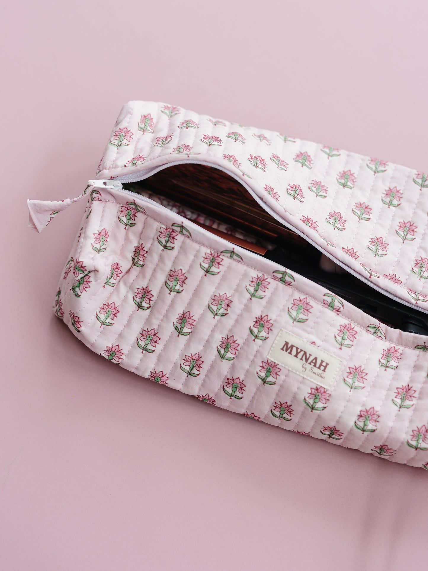 'ROSY MIST' hand block print quilted hair tool bag/Dyson organizer (Copy)