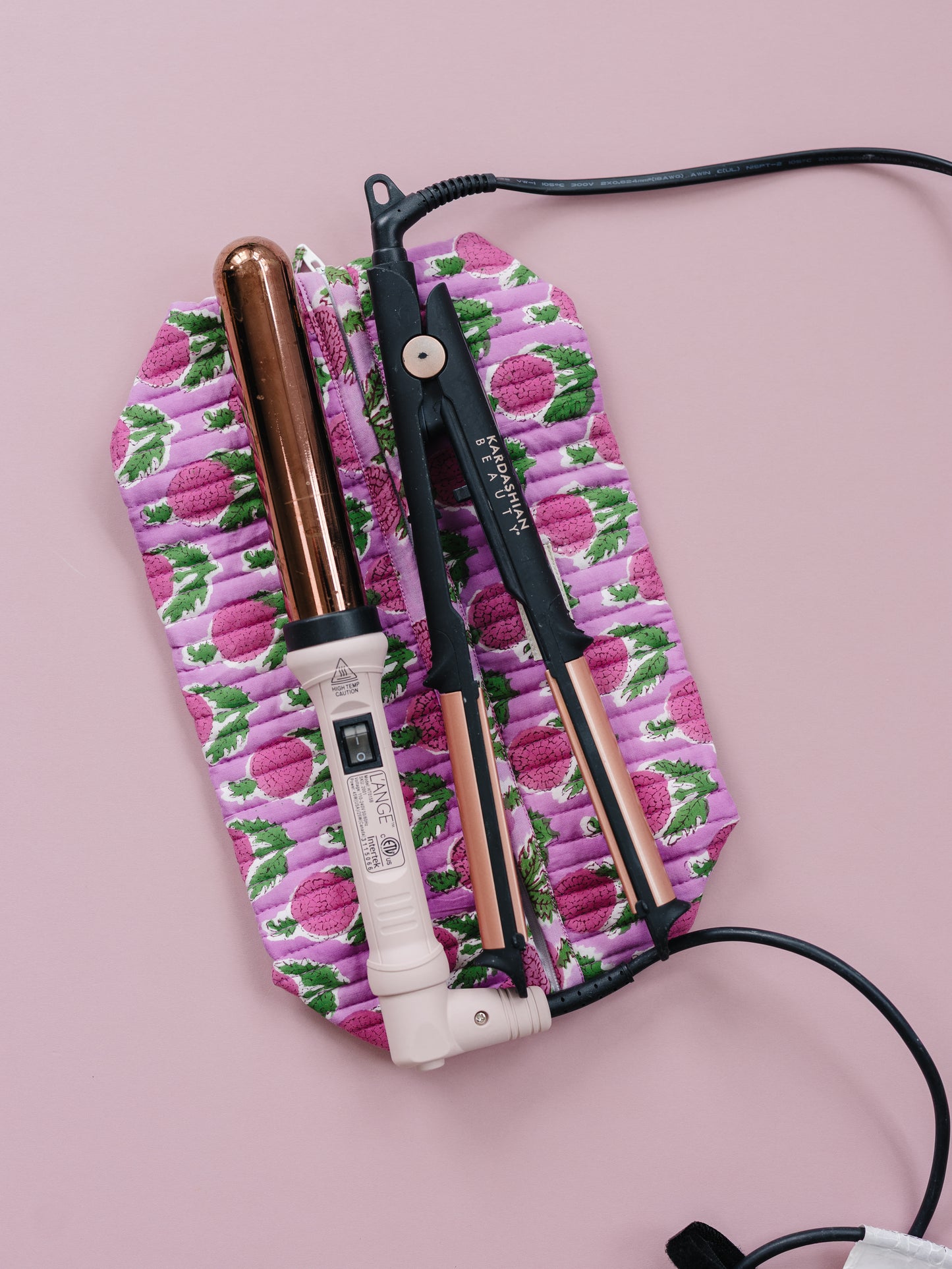 'BERRY SMOOTHIE' hand block print quilted hair tool bag/Dyson organizer