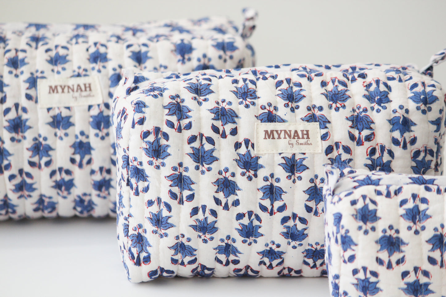 'BLUE BONNET' printed travel/makeup zipper pouch-set of 3