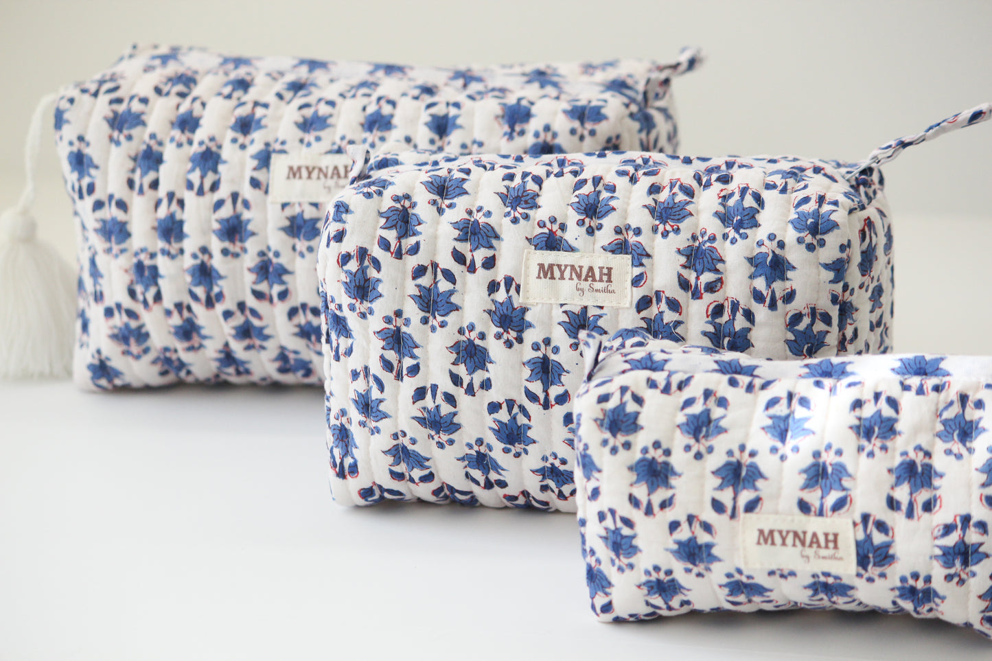 'BLUE BONNET' printed travel/makeup zipper pouch-set of 3