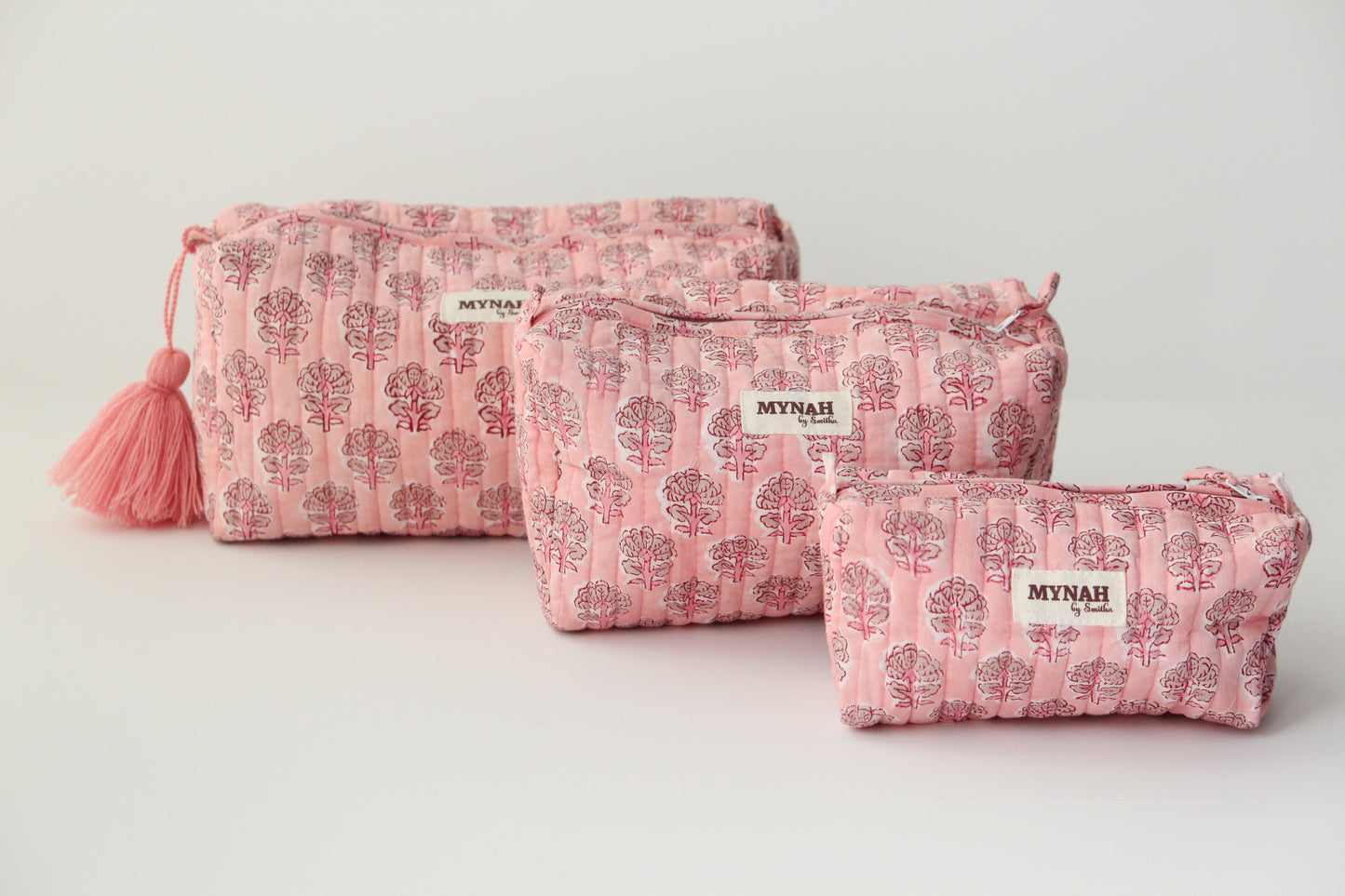 'BLUSH BLOOMS' blush pink with beige motifs' printed travel/makeup zipper pouch-set of 3