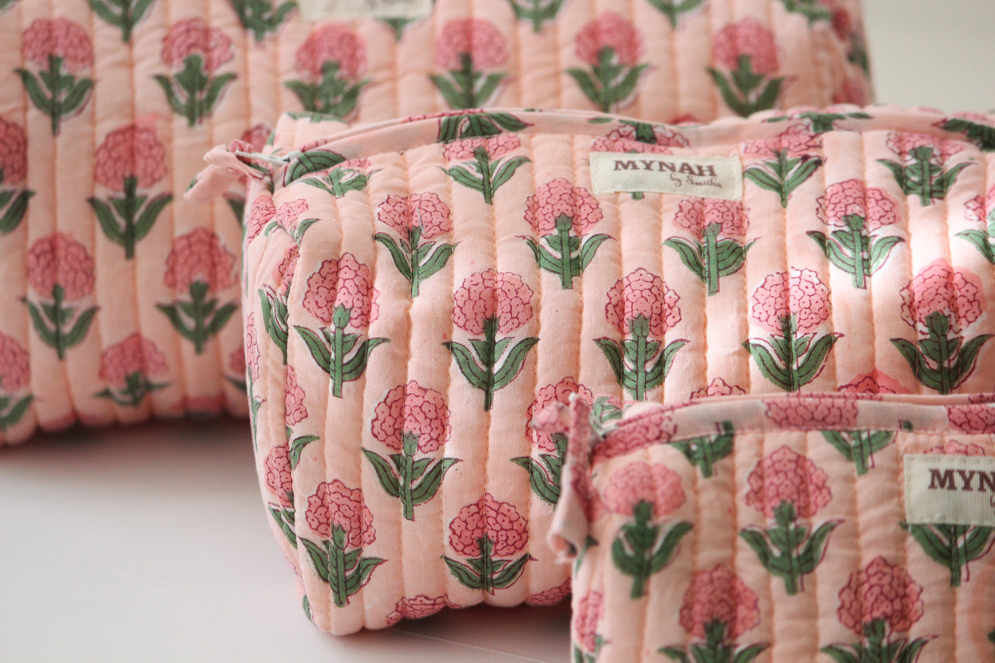 'BLUSH MARIGOLD' printed travel/makeup zipper pouch-set of 3