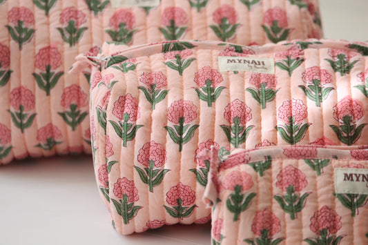 'BLUSH MARIGOLD' printed travel/makeup zipper pouch-set of 3