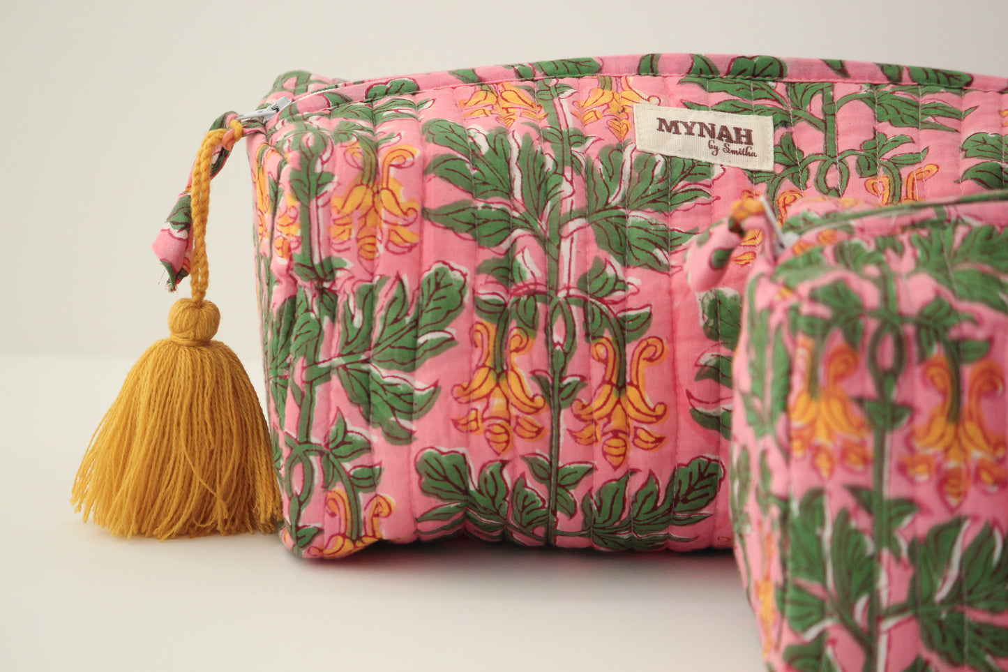 'BUBBLEGUM FOREST' printed travel/makeup zipper pouch-set of 3