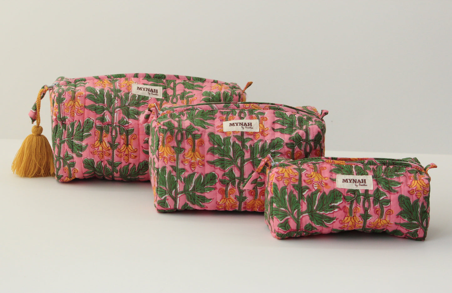 'BUBBLEGUM FOREST' printed travel/makeup zipper pouch-set of 3