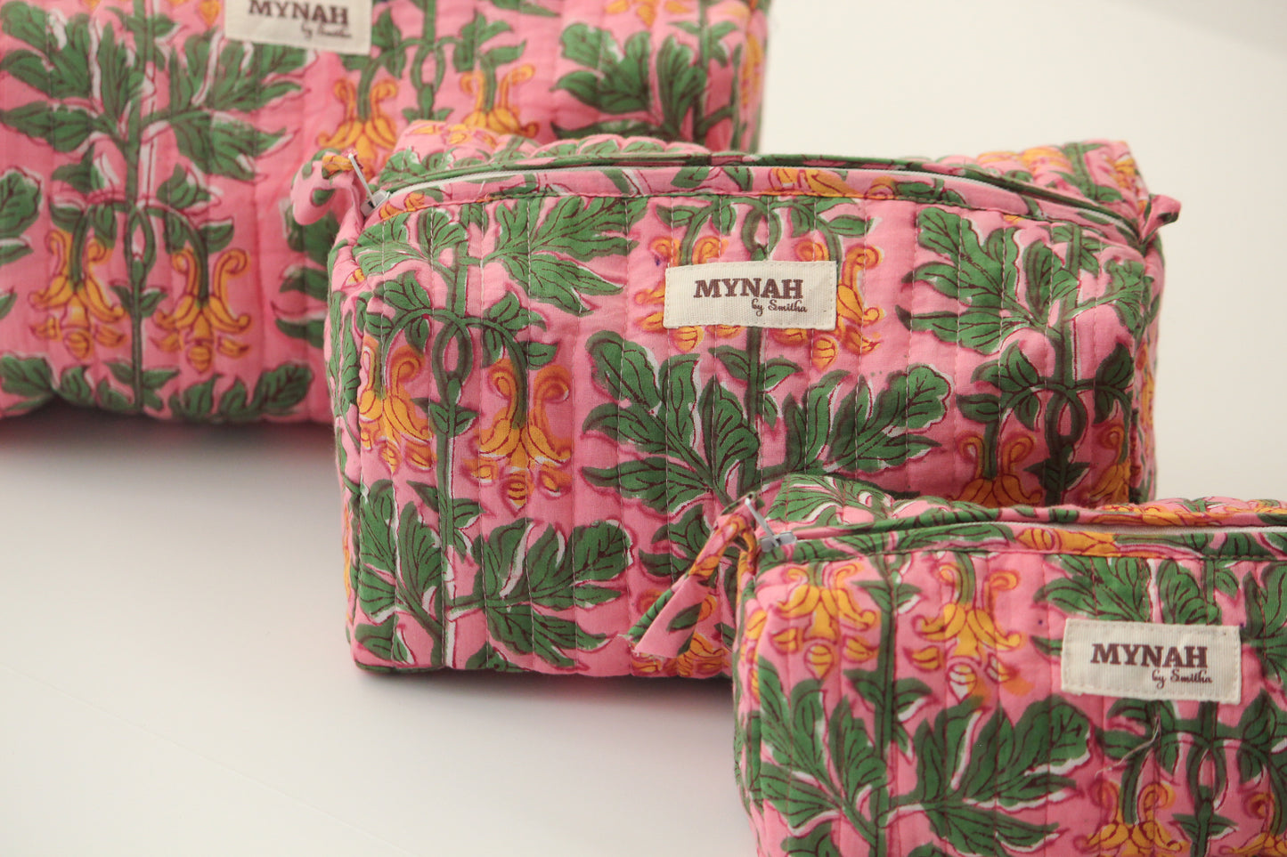 'BUBBLEGUM FOREST' printed travel/makeup zipper pouch-set of 3