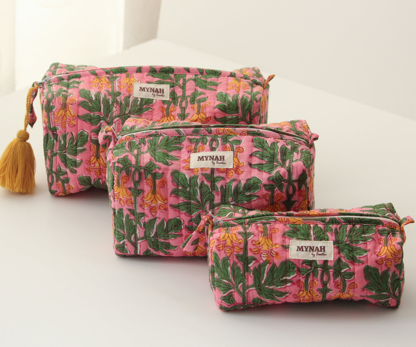 'BUBBLEGUM FOREST' printed travel/makeup zipper pouch-set of 3