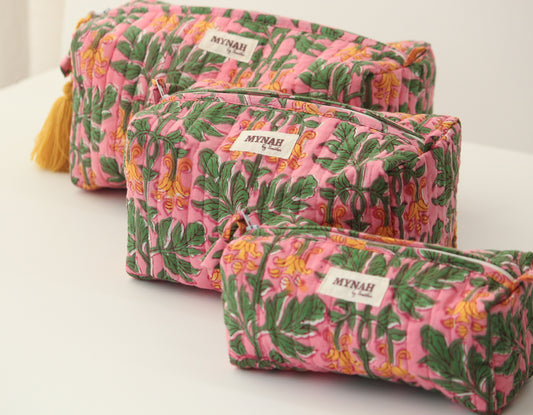 'BUBBLEGUM FOREST' printed travel/makeup zipper pouch-set of 3