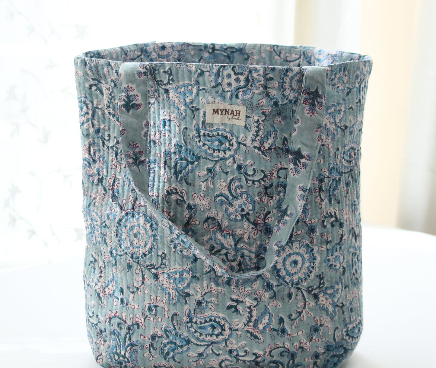 Blue rose vines garden floral print tote bag-Small