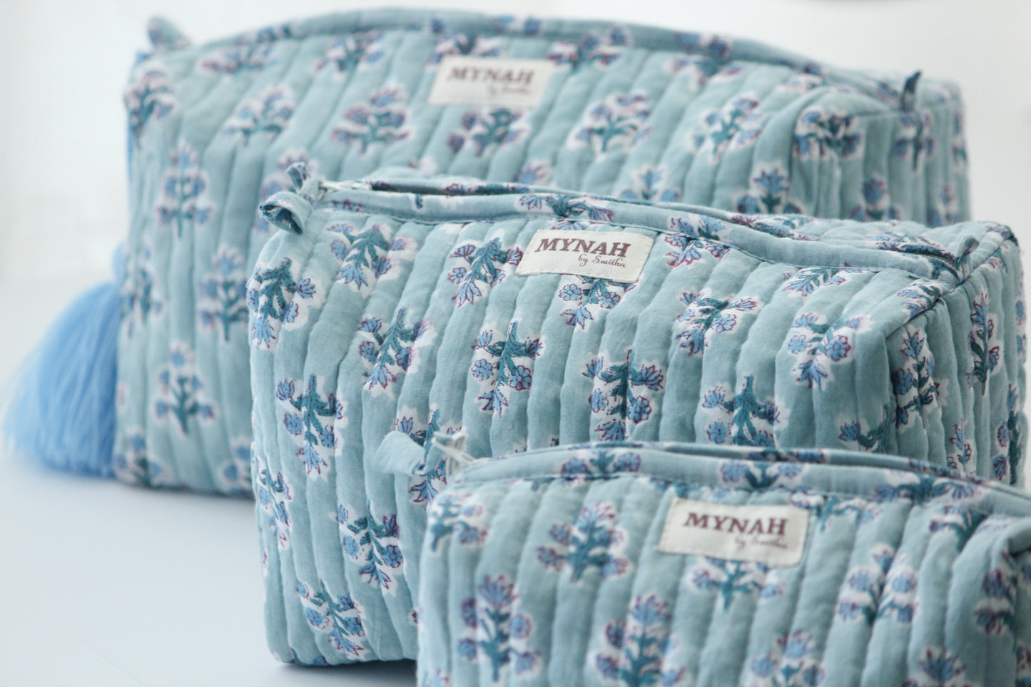 'DUSTY BLUE MOTIF' hand block printed quilted travel/makeup zipper pouch-set of 3