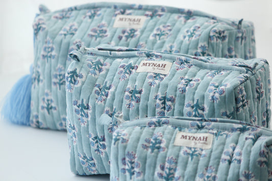 'DUSTY BLUE MOTIF' hand block printed quilted travel/makeup zipper pouch-set of 3