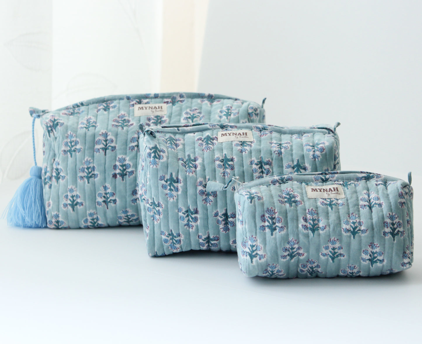'DUSTY BLUE MOTIF' hand block printed quilted travel/makeup zipper pouch-set of 3