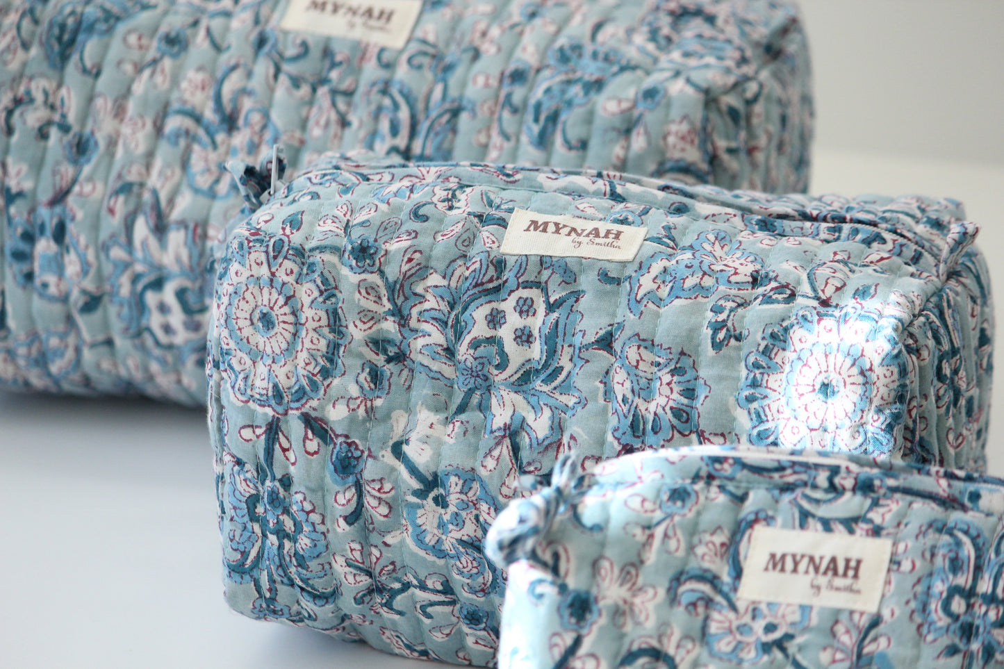 'DUSTY BLUE' hand block printed quilted travel/makeup zipper pouch-set of 3