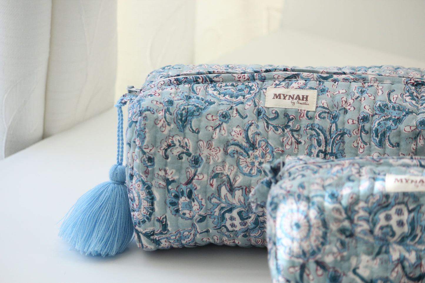 'DUSTY BLUE VINES' hand block printed, quilted travel/makeup zipper pouch-LARGE only