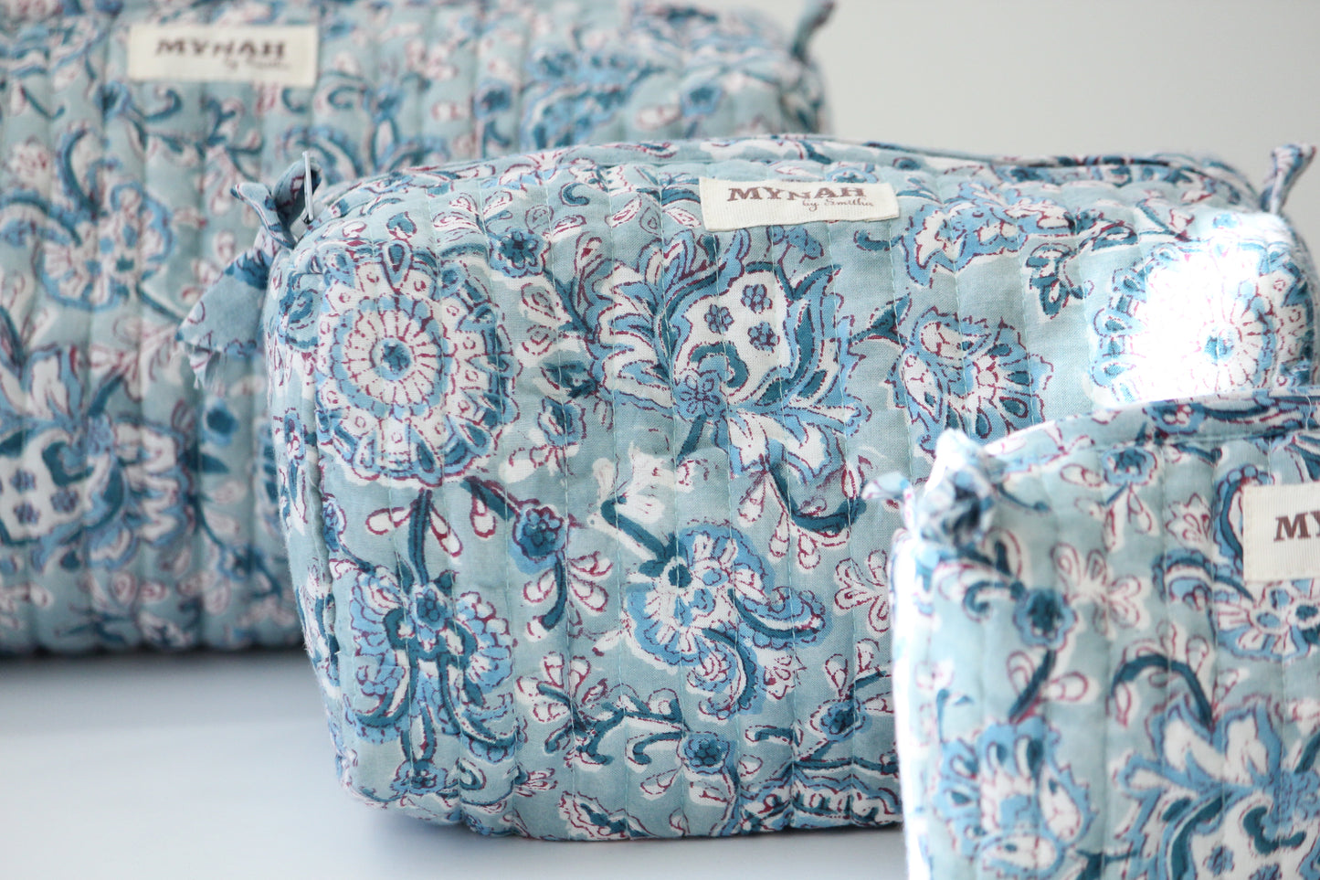 'DUSTY BLUE' hand block printed quilted travel/makeup zipper pouch-set of 3