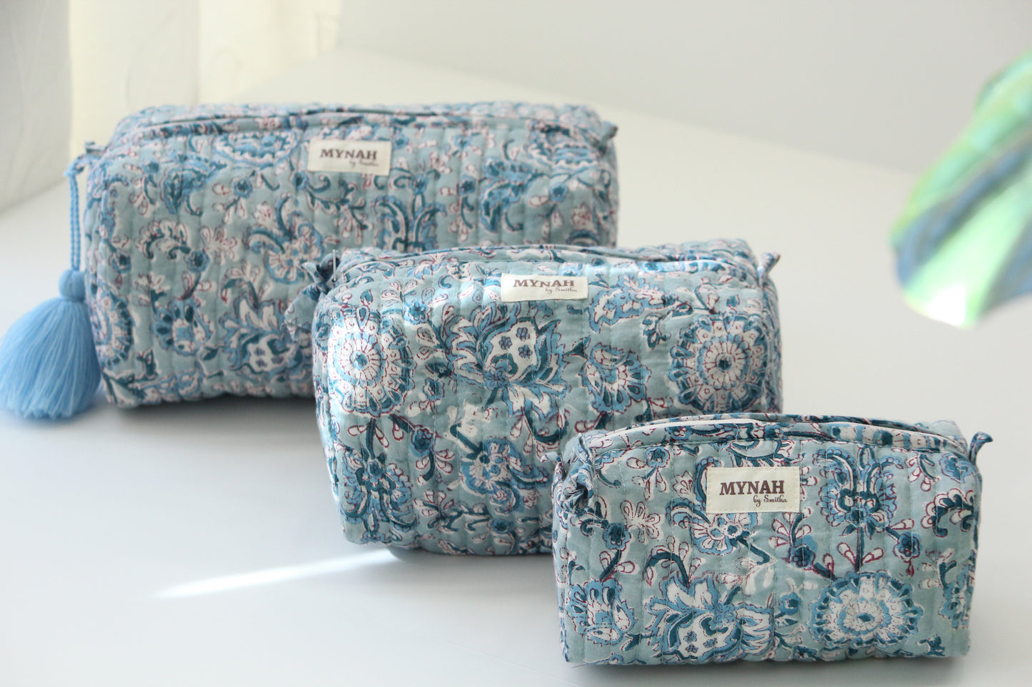 'DUSTY BLUE' hand block printed quilted travel/makeup zipper pouch-set of 3