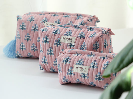'DUSTY ROSE blue motifs' printed travel/makeup zipper pouch-set of 3