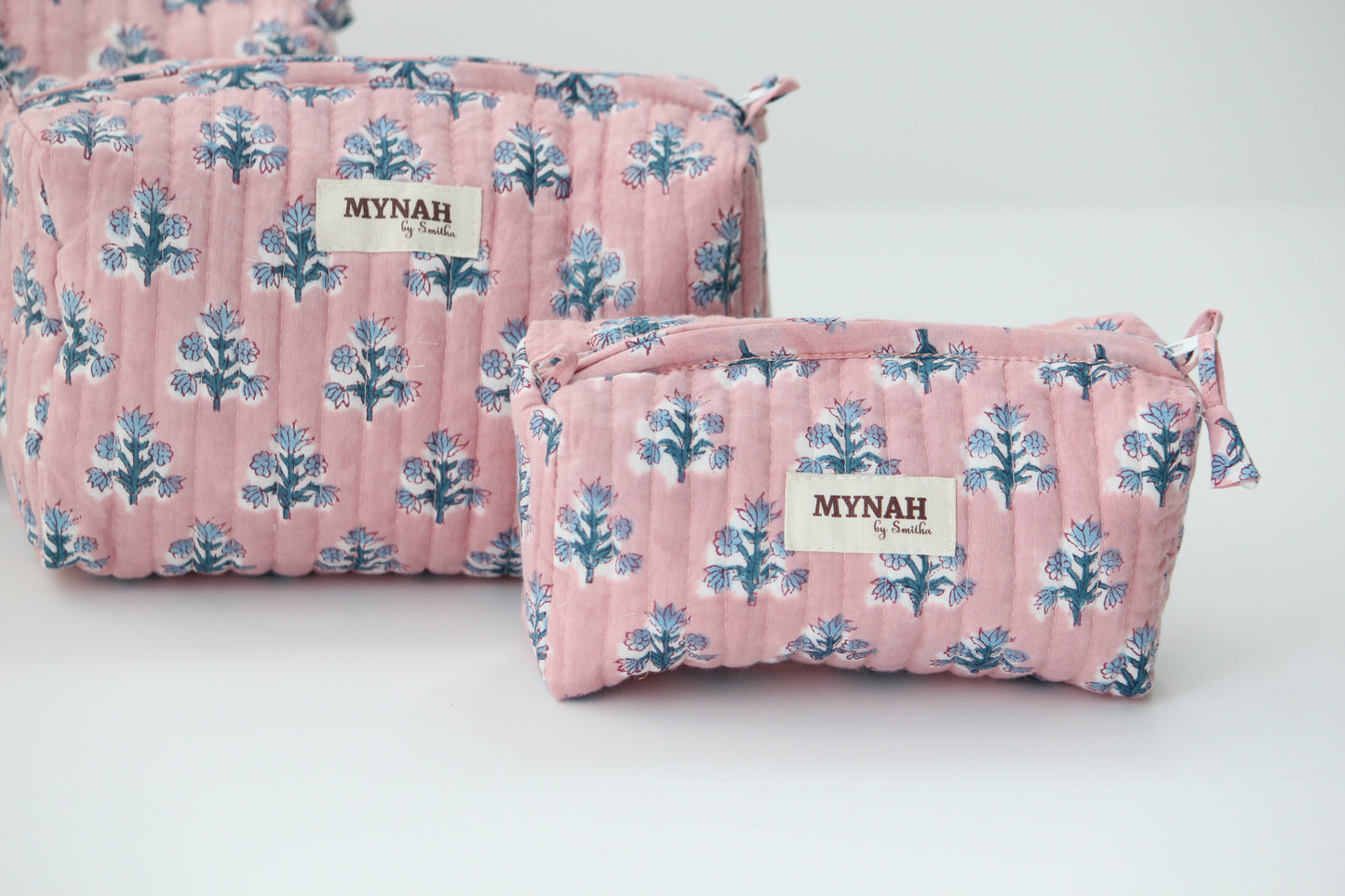 'DUSTY ROSE blue motifs' printed travel/makeup zipper pouch-set of 3