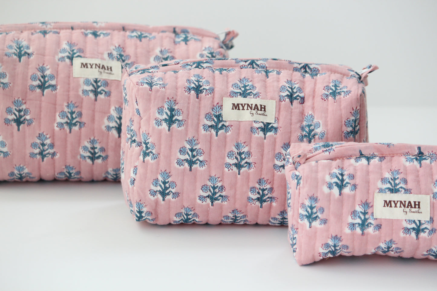 'DUSTY ROSE blue motifs' printed travel/makeup zipper pouch-set of 3