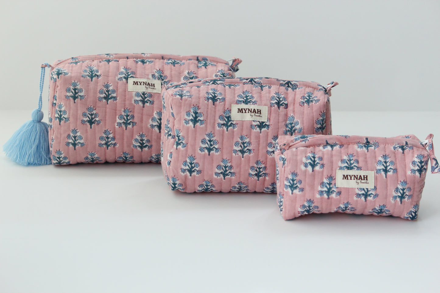 'DUSTY ROSE blue motifs' printed travel/makeup zipper pouch-set of 3