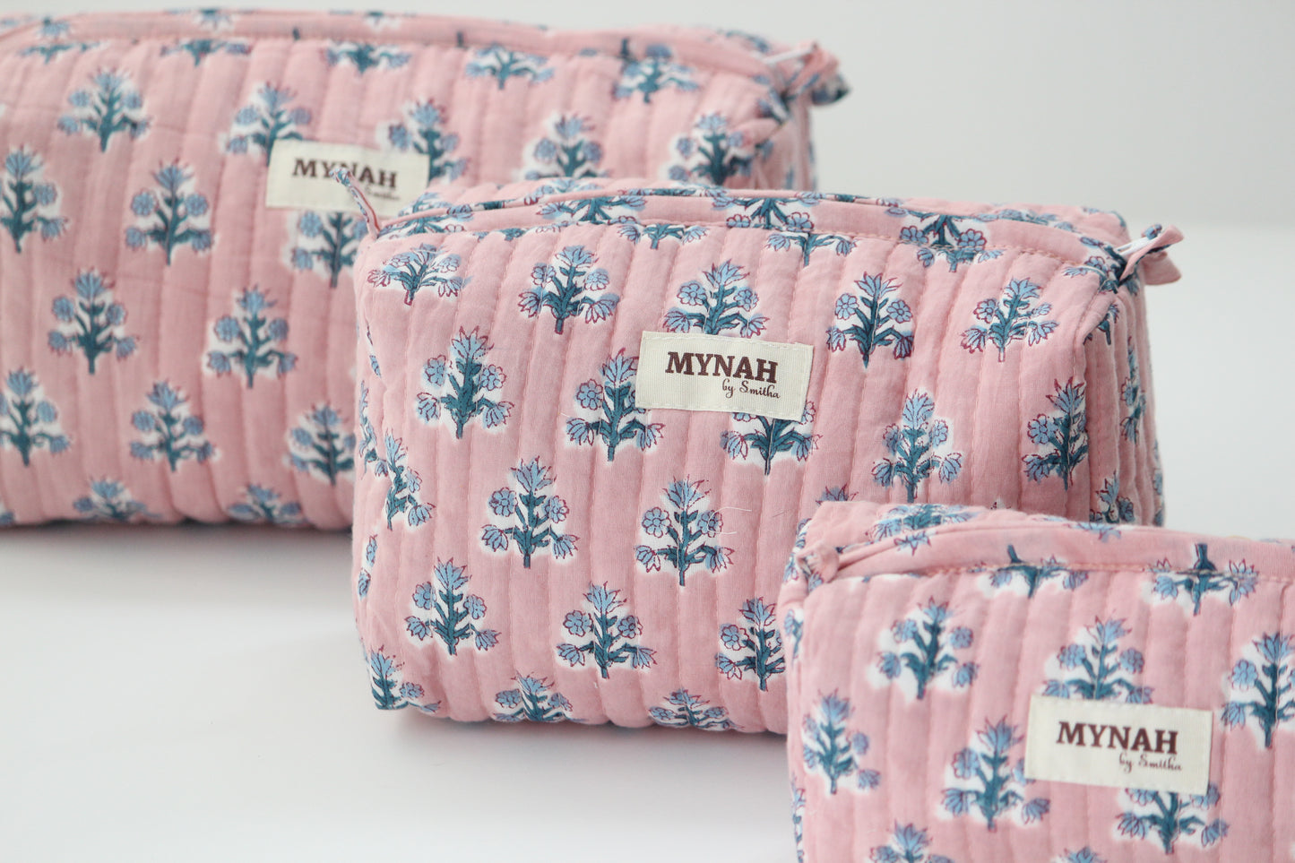 'DUSTY ROSE blue motifs' printed travel/makeup zipper pouch-set of 3