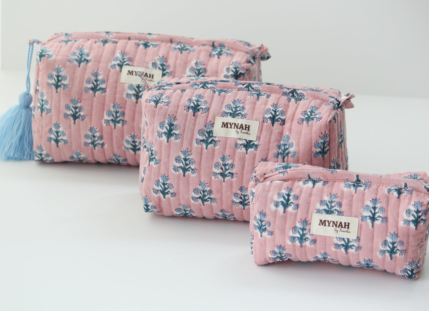 'DUSTY ROSE blue motifs' printed travel/makeup zipper pouch-set of 3