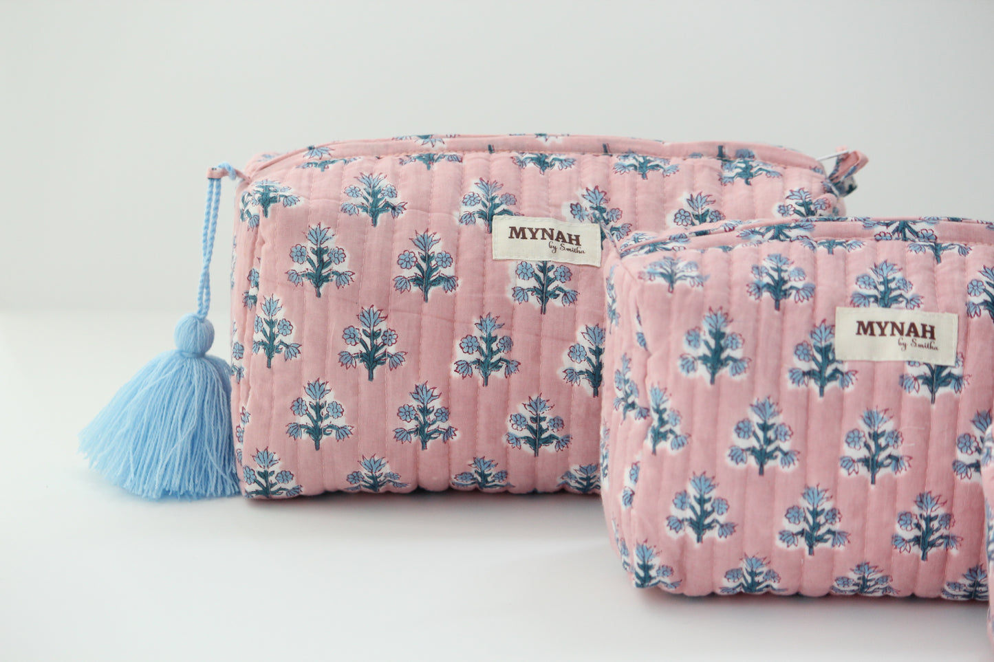 'DUSTY ROSE blue motifs' printed travel/makeup zipper pouch-set of 3