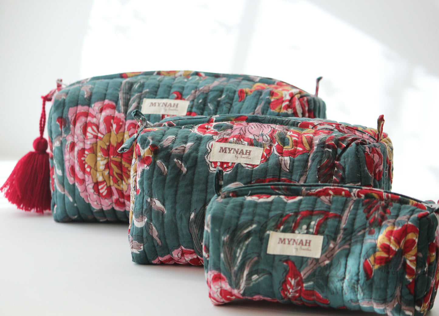 'EMERALD GARDEN' printed travel/makeup zipper pouch-set of 3